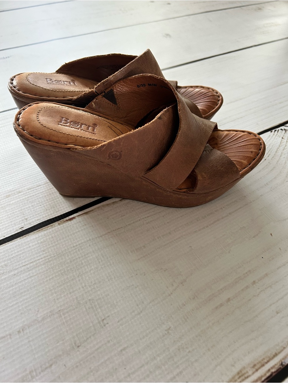 Born Tan Brown Leather Crossover Wedge Sandals